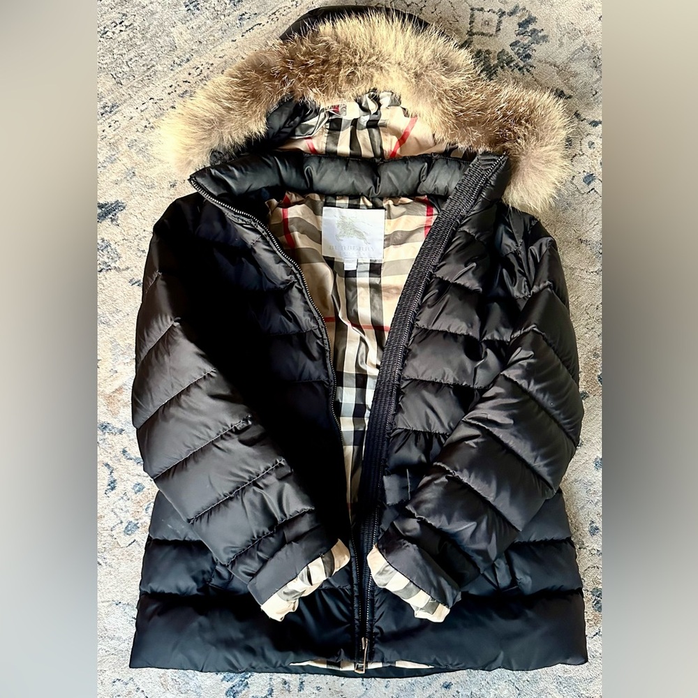 BURBERRY Girls 14Y Janie Black Puffer Coat with Fox Fur Trim Hood